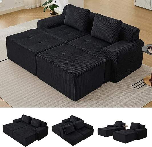 Boneless Couches for Living Room, Corduroy Couch, Modular Sectional Sofa, Big Comfy Couch, Modular Cloud Sofa with Deep Seat, Sofa Bed (Black, 4 Pieces-Bedshape)