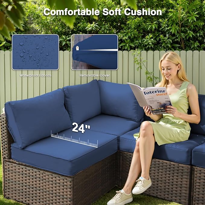 5 Pieces Patio Furniture Set with 44" Fire Pit Table, Rattan Outdoor Sectional Conversation Sets, All Weather Outdoor Furniture Set with Cushions for Garden Lawn Balcony Porch Deck Blue