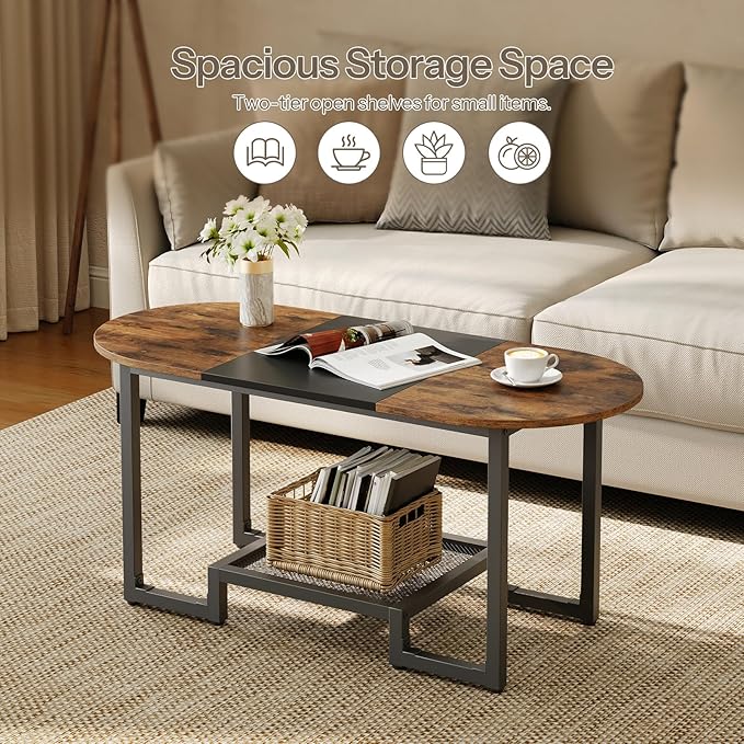 HOOBRO Coffee Table, Oval Small Coffee Table with 2-Tier Storage Shelf, Narrow Modern Center Table for Small Spaces, Living Room, Bedroom, Office, Rustic Brown and Black BFK12KF01