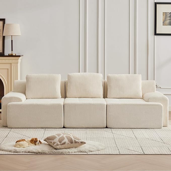 Modular Sectional Sofa with Movable Ottoman, 3 Seat Deep Seat Couch with 3 Pillows, Comfy Cloud Sectional Sofa for Living Room, Bedroom and Apartment (White, 1 Left+1 Right+1 Middle)