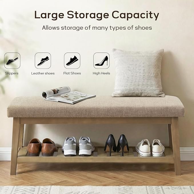 Entryway Bench with Cushion, Upholstered Shoe Rack Bench with Solid Wood Shelf, 44" End of Bed Bench for Bedroom, Chenille Fabric Storage Bench for Entryway, Hallway, Living Room (Brown) - Image 8