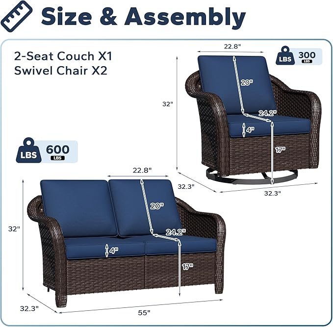 3 Pieces Patio Conversation Set, 55" Sofa with Washable Cushions, Wicker 360 Degree Swivel Glider Rocker Chairs, Wicker 2-Seat Couch for Garden, Lawn (Navy Blue)
