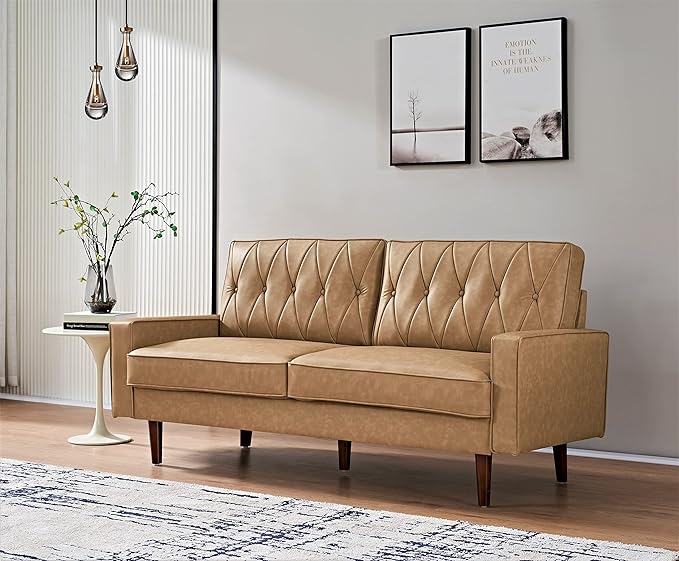 Container Furniture Modern Style Faux Leather Sofa with Elegant Round Tapered Legs and Button Tufted Backrest Perfect for Living Room, Bedroom or Home Office, 69.3’’ Wide, Camel
