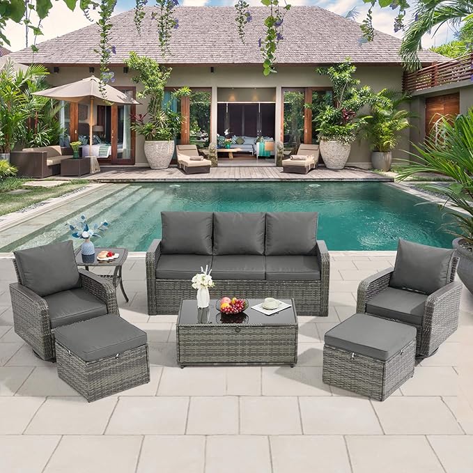 7 Pieces Outdoor Patio Furniture Set with Swivel Chairs, Outdoor Conversation Wicker Patio Furniture for Porch Deck Bistro Lawn Garden Backyard Poolside-Grey
