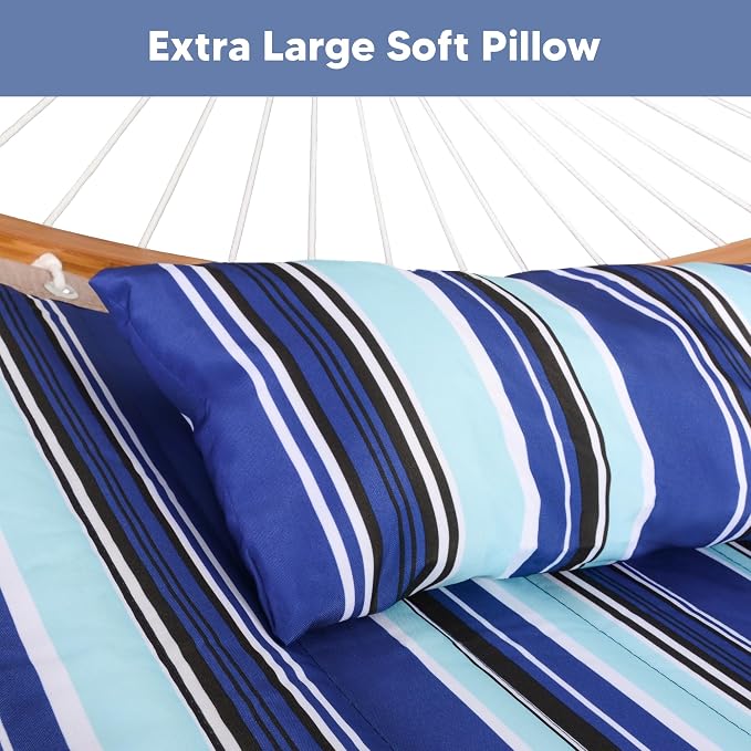 SUNCREAT Double Hammock with Stand Included, Portable Hammock with Stand and Large Pillow, Blue Stripes - Image 5