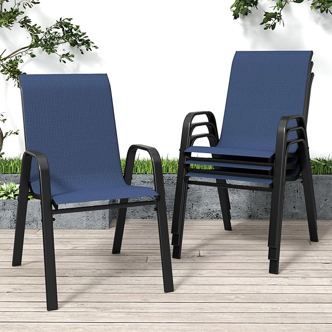 Patio Chairs Set of 4, Stackable Outdoor Dining Chairs for All Weather Textilene Fabric & Metal Frame, Outdoor Chairs Set for Backyard Deck Garden (Dark Blue, Set of 4) by Vimstora