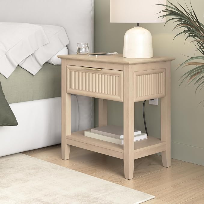 Bush Home Fluted Nightstand with Drawer, Bedroom Furniture, Camille Collection, Natural Birch Beige by BushHome