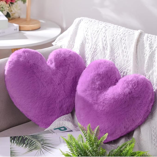 Marsui 2 Pcs Heart Throw Pillows, Soft Fluffy Faux Fur Decorative Hearts Shaped Pillows for Living Room Sofa Bed, Cute Heart Themed Gift for Women(Dark Royal Purple,11.81 x 11.02 Inch)