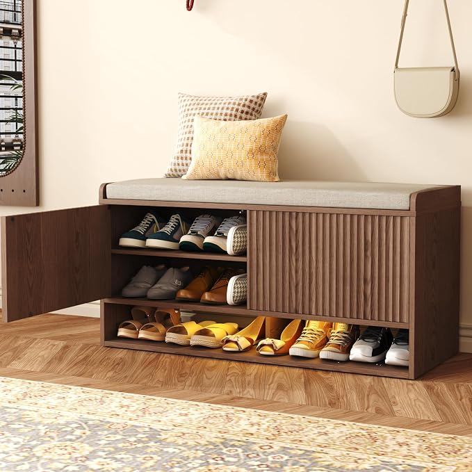 HOMEFORT 39.4" Fluted Shoe Storage Bench, Entryway Bench with Linen Seat Cushion, Shoe Cabinet Bench with Adjustable Shelf and Built-in LED Sensor Light, Bench for Bedroom End of Bed,Walnut by HOMEFORT
