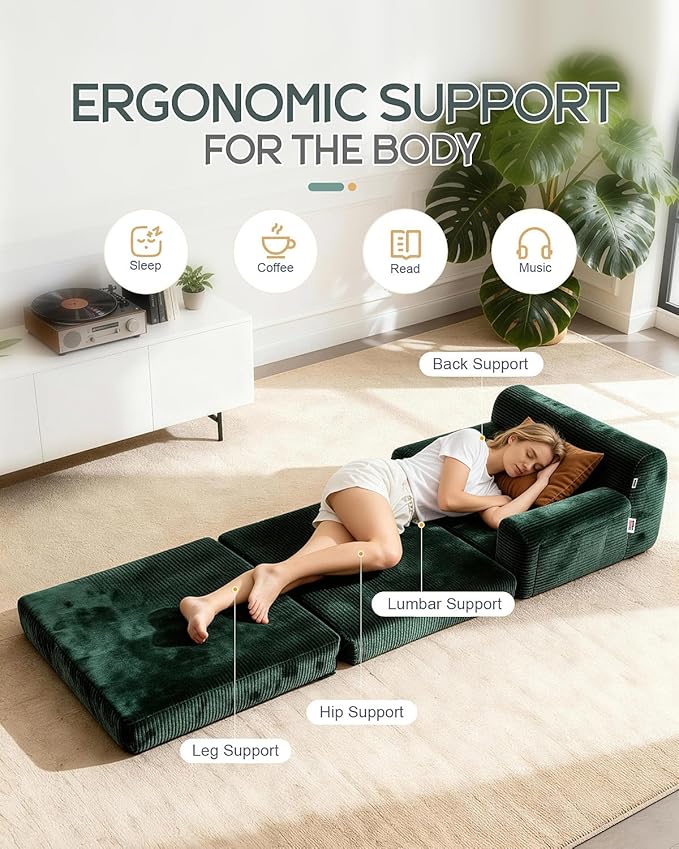 Boneless Couch Sofa Bed, Convertible Sleeper Chair with One-Piece High-Density Foam (No Lumps), Foldable Floor Mattress for Adults Guest Gaming, Non-Slip, Side Pockets, 84"x35", No Assembly