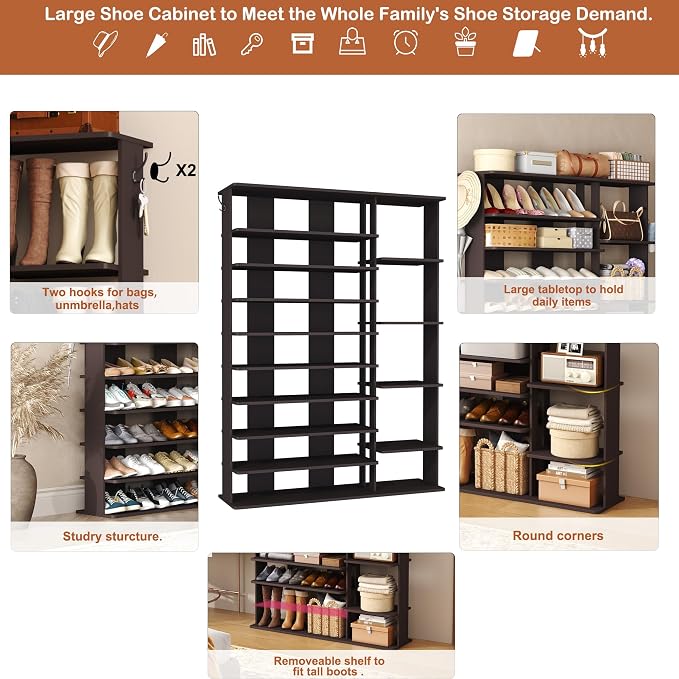 HOMEFORT 10 Tiers Shoe Rack, 50 Pairs Large Shoe Shelf, 61.8" Tall Shoe Tower, Freestanding Shoe Rack Organizer with Open Shelves, Wood Shoe Stand for Boot Storage, for Closet, Entryway, Espresso - Image 6