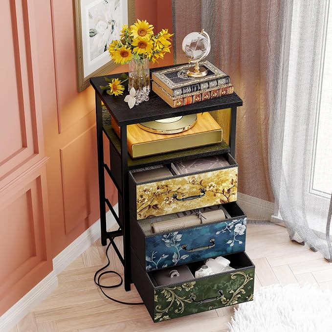 Fixwal Night Stand with Charging Station, LED Nightstand with U-S-B Ports and Outlets, 3 Fabric Storage Drawers with PU Finish, Bedside Table, Vintage Flower - Image 2