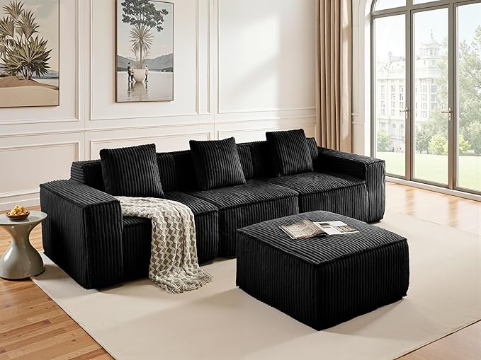 L-Shaped Corner Corduroy Sectional Sofa 4 Seat Modular Boneless Sofa Foam Cloud Couch with Movable Ottoman and Toss Pillows,Modern Deep Seat Convertible Chaise Sofa