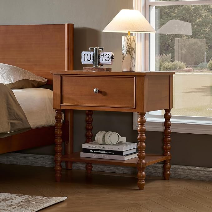 AMERLIFE 3 Piece Bedroom Set Includes Solid Wood Queen Platform Bed Frame with Headboard and 2 Nightstands with Spindle-Turned Legs, Mid Century Modern Bedroom Furniture, Brown Walnut