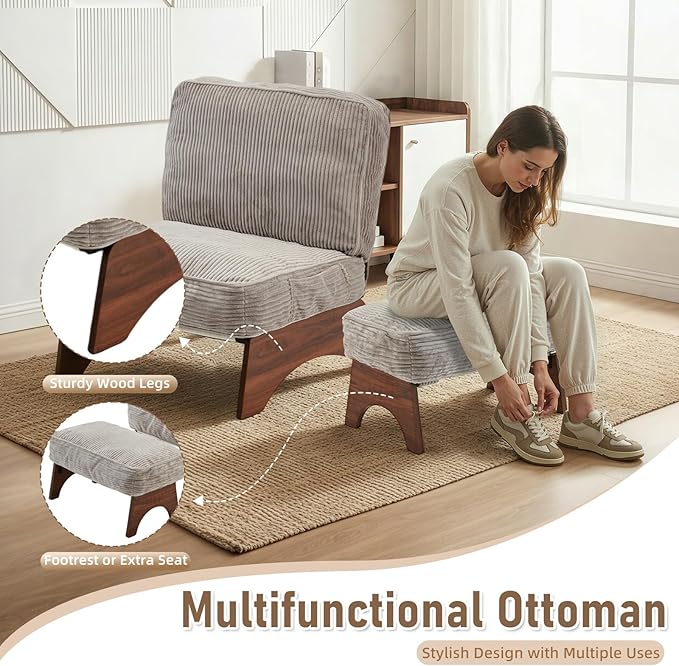 EROMMY Accent Chair with Ottoman, Modern Corduroy Living Room Chair with Adjustable Backrest & Footrest Set, Comfy Reading Chair for Living Room Bedroom Reading Room Guestroom, Gray