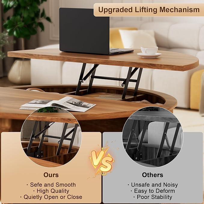 Round Lift Top Coffee Table, 31.5" Fluted Wood Accent Coffee Table with 180° Curved Sliding Door, Hidden Storage, Mid Century Modern Center Table for Living Room Office Small Spaces, Walnut