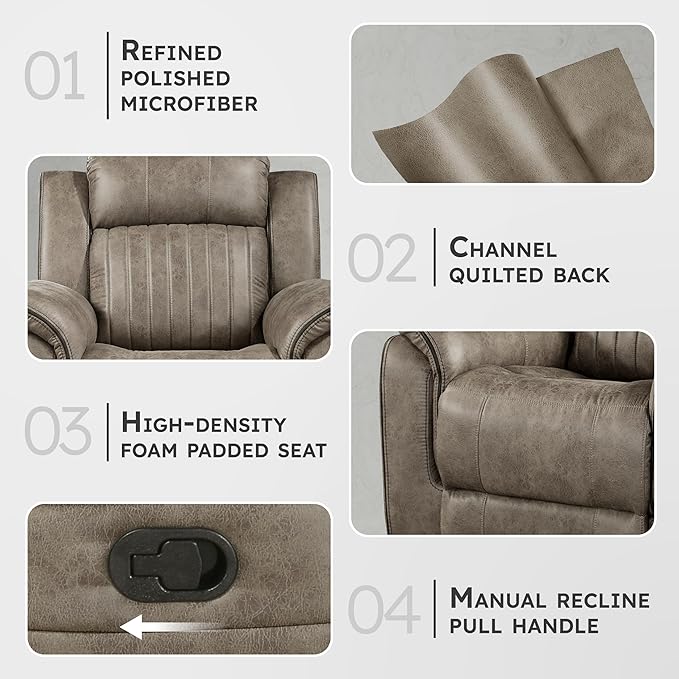Lexicon Recliner Chair, Home Theater Seating, Manual Polished Microfiber Upholstery Reclining Chair, 39.5" W Recliner, Sandy Brown