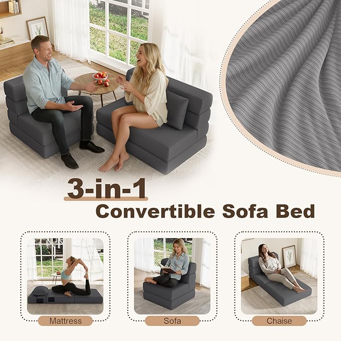 Folding Sofa Bed, Convertible Sleeper Chair & Couch Bed with Pillow, One-Piece High-Density Sponge Mattress, Multi-Purpose Corduroy Floor Sofa for Living Room, Office, Apartment, Grey, Single