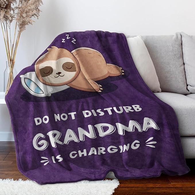 Funny Gifts for Grandma, Grandma is Charging Sloth Blanket, Birthday Gifts for Grandmas from Grandkids,Grandmas Gitts for Mothers Day Christmas, Soft Sloth Blanket for Grandmother, Purple, 60" x 80"