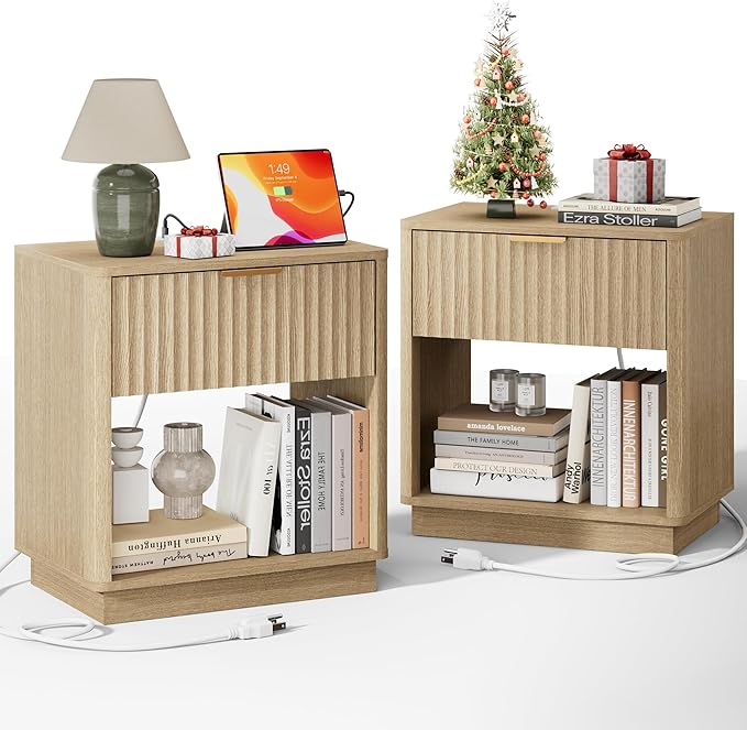 Fluted Nightstand, Night Stand Set 2, 23" Wide Nightstands Set of 2 with Charging Station, Large Wooden End Table with Drawer, Modern Bedside Table for Bedroom, Curved Corners, Natural Oak by FavourLife