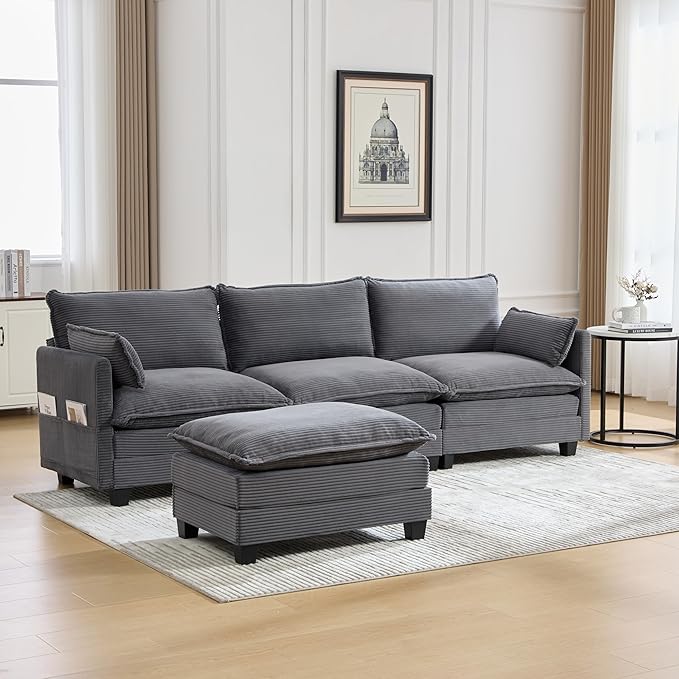Modular Sectional Sofa Couch with Reversible Ottoman, 103" Oversized Corduroy Cloud Couch, 3 Seat Sectional Sofa with Solid Wood Frame and Side Pockets,for Living Room & Apartment