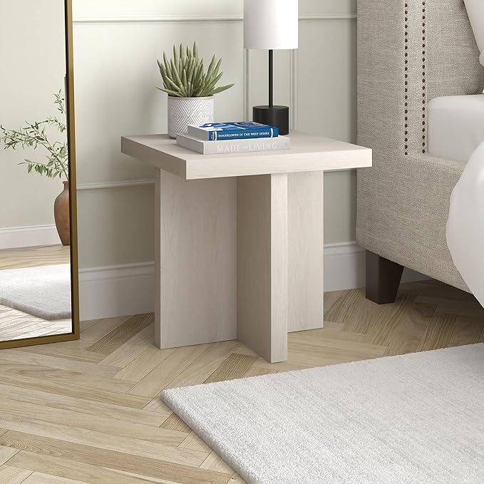 Henn&Hart 22" Scandinavian Square End Table, Side Table, Nightstand with X-Base for Living Room, Office, Family Room, or Bedroom, Alder White