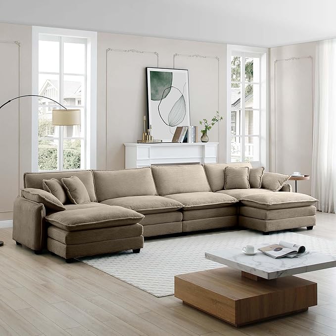 KEIKI 150" U-Shaped Oversized Corduroy Modular Sectional Sofa with 2 Ottoman, High-Density Foam Cushions, Removable Armrests, Upholstered 4-Seater Corner Couch with 6 Pillow, for Living Room, Tan