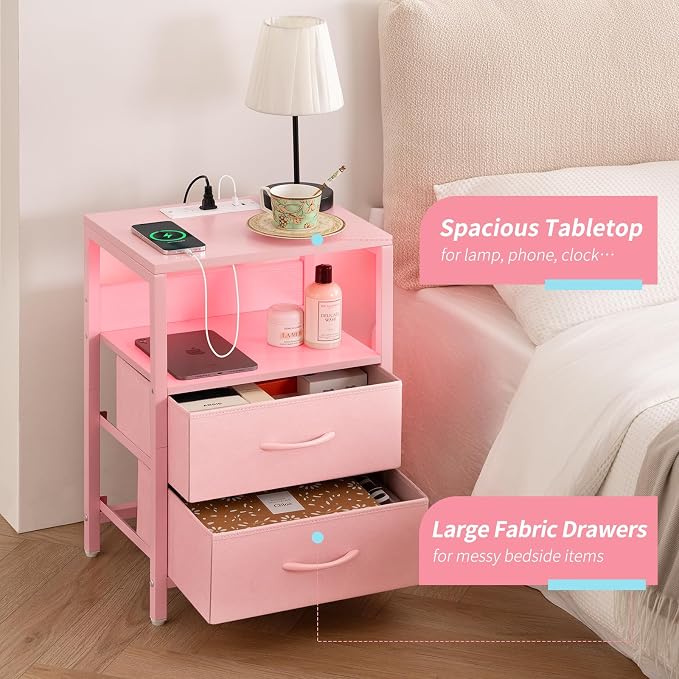 Yoobure Nightstand with Charging Station, LED Night Stand with Fabric Drawers and Storage Shelf for Bedroom, Nightstands Bedside Tables with USB Ports & Outlets, Small Night Stands, Bed Side Table - Image 7