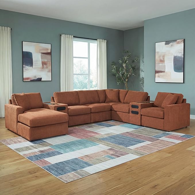 Signature Design by Ashley Modern Modmax Stain Resistant U-Shape Right-Arm Facing 8-PC Sectional with Chaise and Audio Consoles, Orange