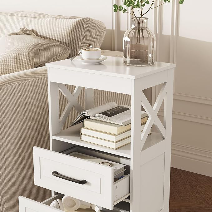 Tall Nightstand Set of 2 Side Table with 2 Drawers Modern Night Stand Wooden End Table Bedside Table with Upper Open Shelf Solid Feet for Bedroom, White - Image 5