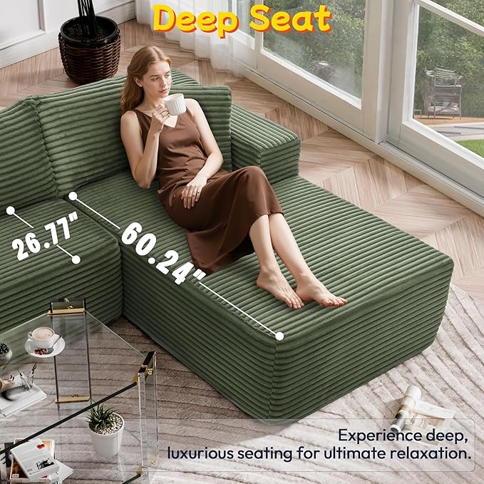 Cloud Sectional Couch, 105” Fluffy Modular L-Shape Sofa with Left Chaise Lounge, Modular Sectional Sofa in a Box, Boneless Couch for Living Room, No Assembly Required, Flannel Green