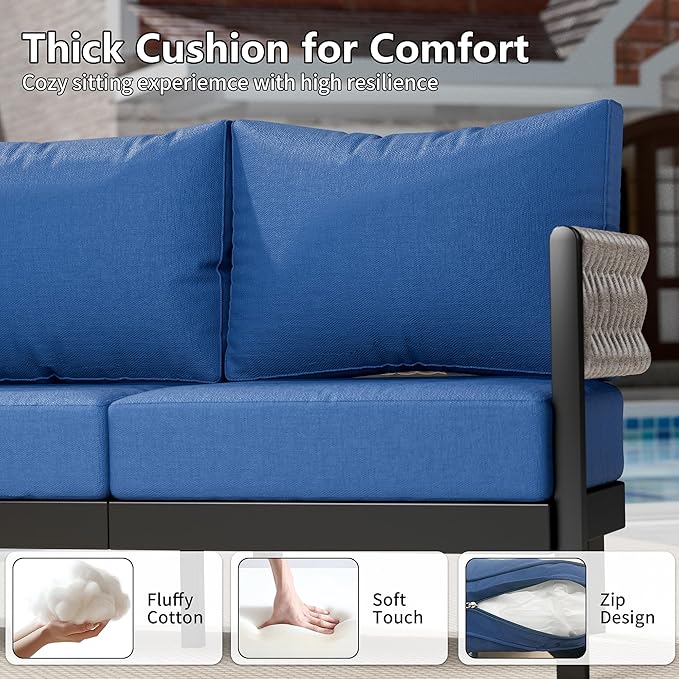Aluminum Patio Furniture Set,5 Pieces HDPE Rope Patio Conversation Sets with Modular Coffee Table,Metal Outdoor Sectional Furniture w/5.9" Thick Cushions for Porch,Deck,Backyard,Navy Blue
