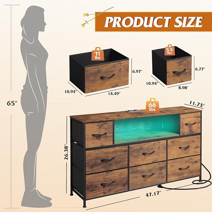 WLIVE Dresser TV Stand for 45, 50, 55 inch TV, Entertainment Center with LED Lights & Charging Station, Chest of Drawers with 8 Fabric Drawers and Open Shelves for Living Room, Hallway, Rustic Brown - Image 3