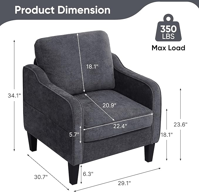 Accent Chairs Set of 2, Upholstered Living Room Chairs with Side Pocket, Mid Century Modern Reading Chair for Bedroom, Comfy Armchair Single Sofa Side Chair for Office, Small Room, Dark Grey