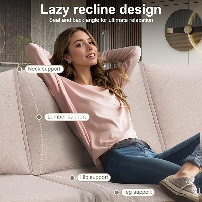 93.7” Sectional Sofa with Movable Ottoman, 3 Seaters L Shaped Couch Modular Sofa Bed with 2 Armrest Pillows, Small Sectional Couch for Living Room Bedroom Small Space Furniture, Beige