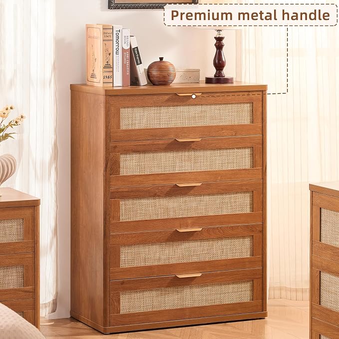 LEYAOYAO Dresser for Bedroom, 41" Tall Chest of Drawers, Modern 5 Drawers Boho Rattan Dressers with Storage, Dresser Wooden Closet Organizer for Living Room, Hallway, Tea Brown - Image 8