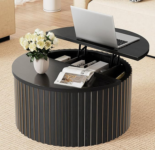 Fluted Lift Top Coffee Table with Storage, 31.5'' Farmhouse Round Coffee Tables for Living Room, Modern Wood Center Tables with Hidden Compartment for Home, Office (Black)