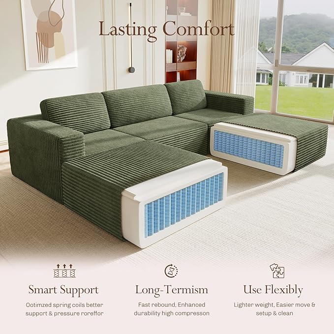 Vesgantti 119" Oversized U-Shaped Modular Sectional Sofa, Corduroy Cloud Couch with Deep Seating & Spring Support, Convertible Sofa with 2 Ottomans, Boneless Couch, No Assembly Required, Green