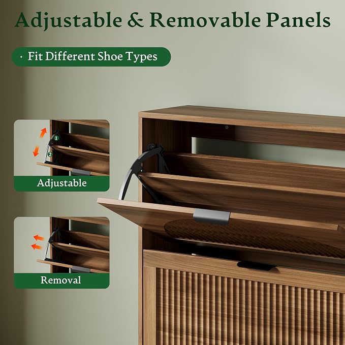 Xixini Shoe Storage Cabinet with 3 Flip Drawers, 50" Tall Narrow Wood Fluted Shoe Organizer for Entryway, Freestanding Wooden Hidden Slim Shoe Rack for Front Door Entrance, Hallway, Foyer, Dark Walnut - Image 3