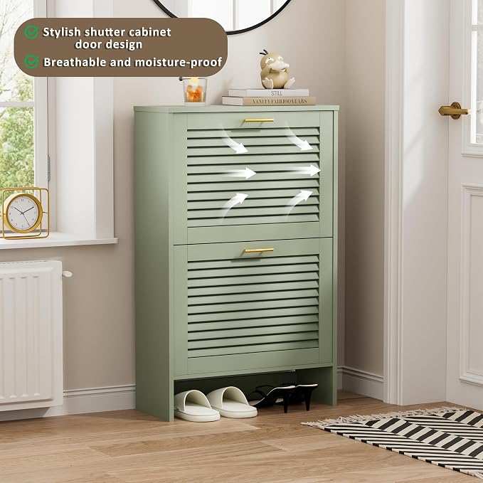 Shoe Cabinet Storage, Hidden Shoe Organizer, Modern Freestanding Organizer with 2 Flip Drawers Louvered Shoe Cabinet for Entryway (Green, 2 Drawers) - Image 8