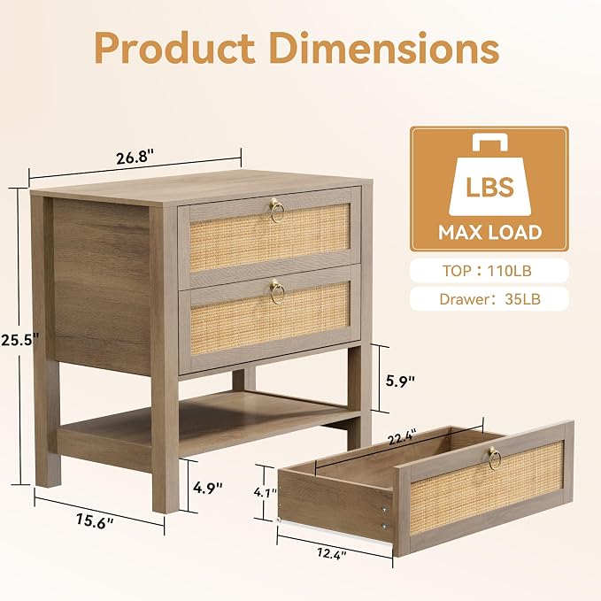Rattan Nightstand with 2 Drawers and Storage Shelf, 26” Tall Wide Night Stand, Wood Large Bedside Table with Golden Handle for Bedroom, Side Table, Carbon Cherry - Image 2