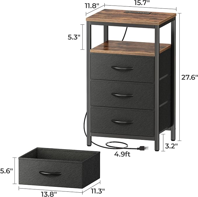 Huuger Nightstands Set of 2, 27.6 Inch End Tables with Charging Station, Fabric Drawers, Bedside Tables with USB-C Port and Outlet, Night Stands for Bedroom, Rustic Brown and Black - Image 8