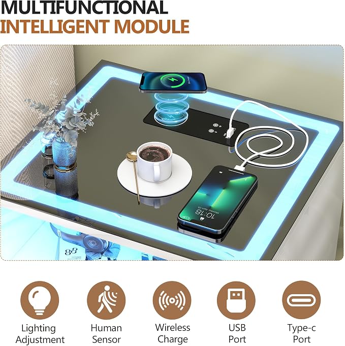 High Gloss LED Nightstand with Charging Station & 3 Color Dimmable Light Modern for Bedroom White, Smart Bedside Table with 3 Drawers & USB Type-C Port for Home - Image 3