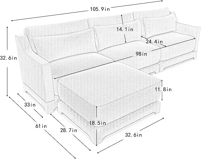 Ball & Cast 105.9” Modular Sectional Sofa, Comfy Cloud Couch with Lumbar Pillows and Ottoman, Deep Seat Chenille L Shaped Modular Sofa, Sectional Couches for Living Room, Bedroom and Apartment, Beige