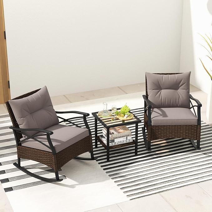 Tangkula 3 Pieces Outdoor Rocking Chairs Set, Rattan Heavy Duty Cushioned Rocker Chairs with 2-Tier Tempered Glass Coffee Table, for Garden, Balcony, Backyard - Image 6