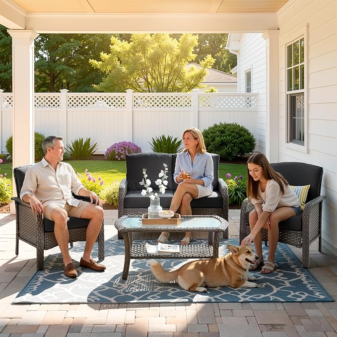 Weaxty Wicker Patio Furniture Set High Back Loveseat Sofa Couch Armchair Coffee Table, All Weather Rattan 4 Pieces Outdoor Conversation Sets for Patio Porch Deck Backyard Poolside, Black