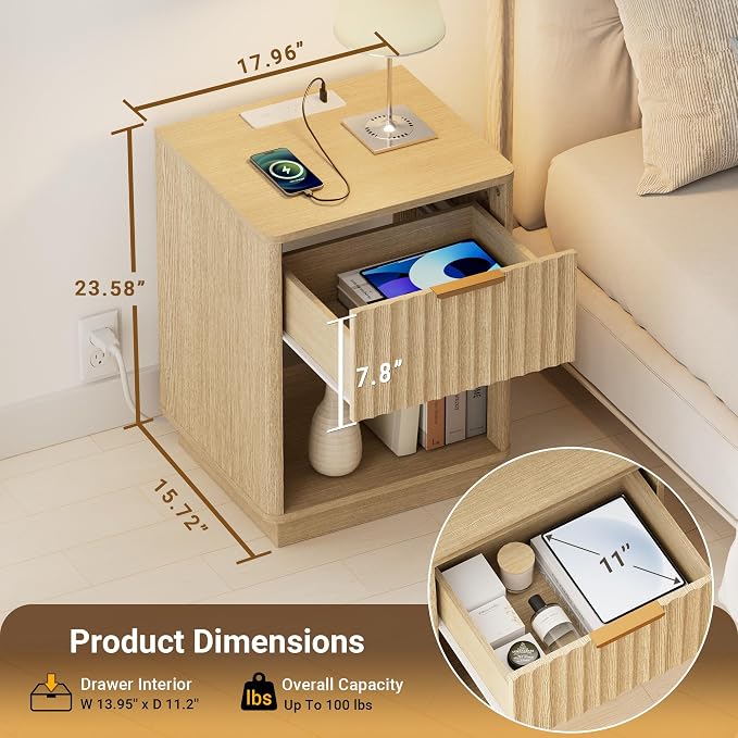 Fluted Nightstand, Modern Night Stand, Nightstand with Charging Station, Wooden End Table with Drawer & Open Shelf, Bedside Table for Bedroom Sofa Home Office, Curved Corners, Natural Oak - Image 2