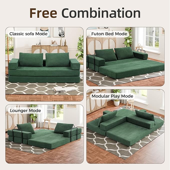 Convertible Sofa Bed, 4-in-1 DIY Combination Modular Couch with Pillows, Comfy Boneless Sleeper Sofa Bed with Fixed-Shape Frame, Corduroy Convertible Lounge Couch for Living Room, Green