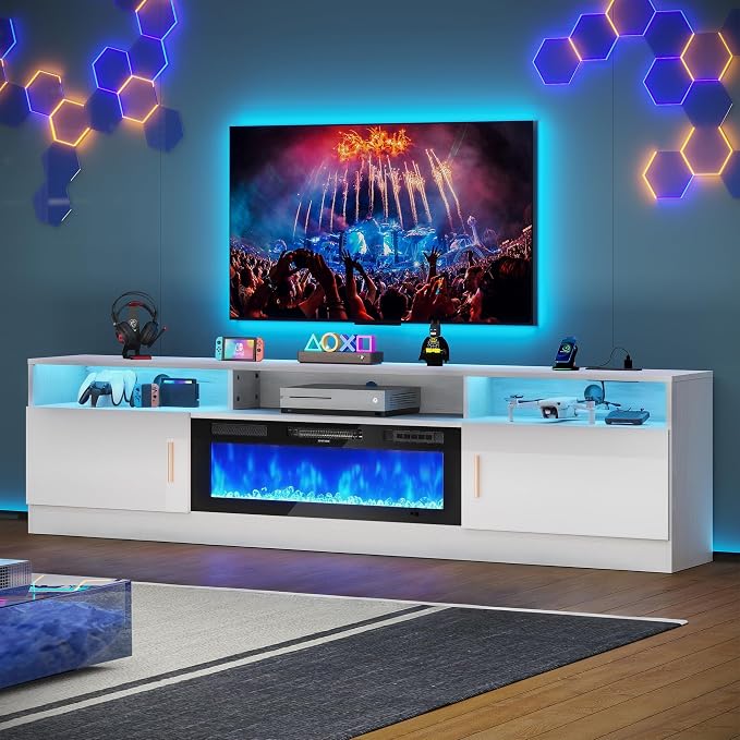 MXV 78" Fireplace TV Stand with Power Outlet for TVs UP to 90", Electric Fireplace Entertainment Center with LED Lights & Storage Cabinets, TV Console for Living Room, Office, White-Black by Unknown