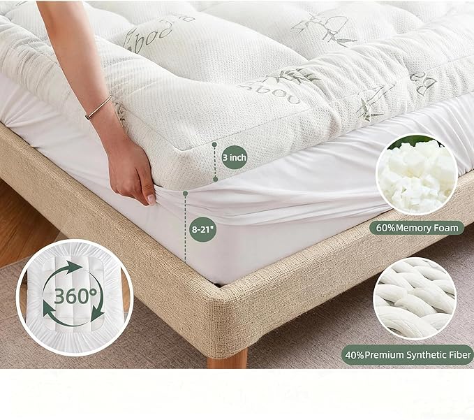 Bamboo Mattress Topper Full Size with Deep Pocket 1700 GSM Fill Cooling Shredded Memory Foam Mattress Pad Rayon Derived from Bamboo, Ideal for Side Sleepers, Back Pain, Hot Sleepers
